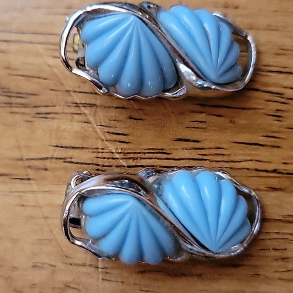 Vintage Lisner Thermoset Costume Fan Design 3 Piece Set In Tourquoise and Silver - Picture 3 of 10